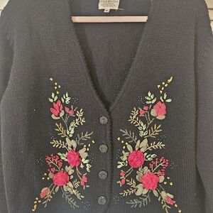 Susan Bristol Black Cardigan with Floral Embroidery